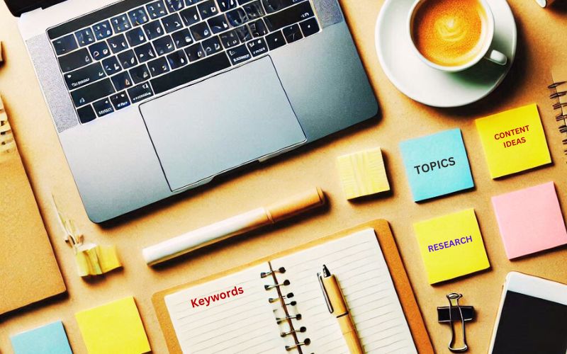 A flat lay of sticky notes, a notebook, and a laptop displaying keyword or idea lists.