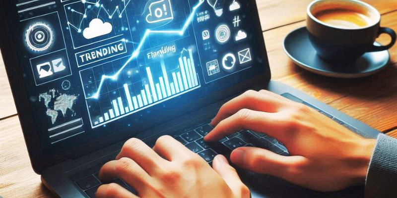 A person browsing on a laptop with graphs, hashtags, or trending icons on the screen