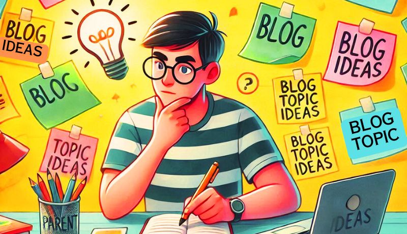A person sitting at a desk, holding a pencil, writing in a notebook, surrounded by colorful sticky notes on the wall, with a light bulb illustration above his head as well as a container with pencils and a laptop on the desk.