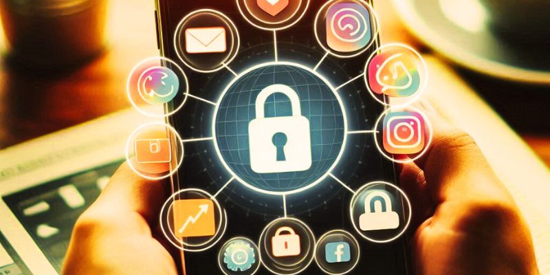 A phone displaying multiple social media apps icons with a lock symbol overlay.