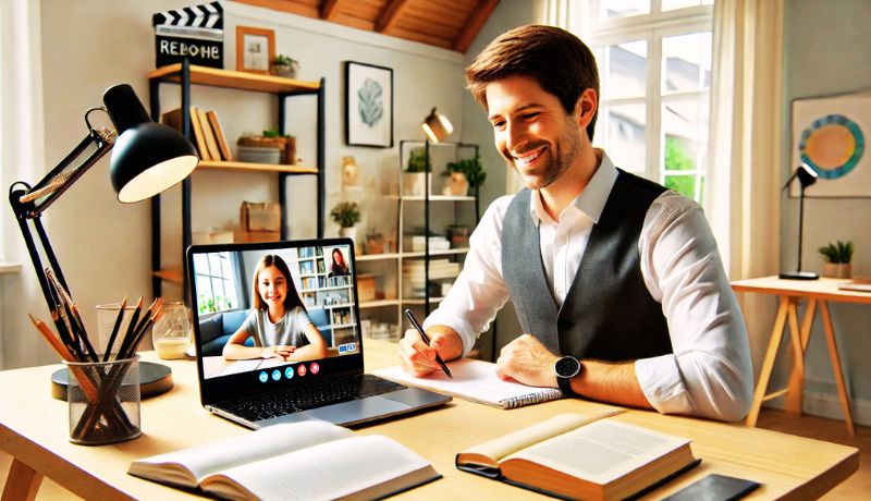 A professional online tutoring session featuring a smiling tutor teaching a young student over a video call.