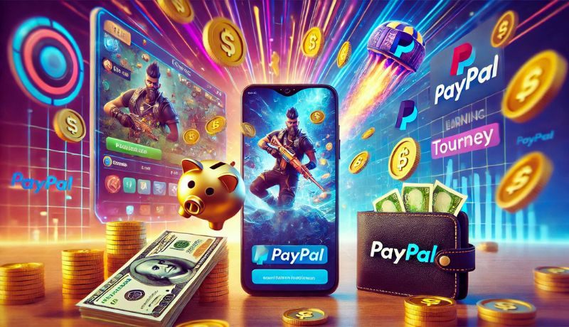 A smartphone displaying a game screen with digital coins flying out, alongside a wallet with the PayPal logo and cash.
