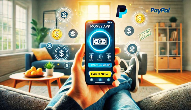 A smartphone screen displaying the 'Money App' interface with visible earnings and tasks in progress.