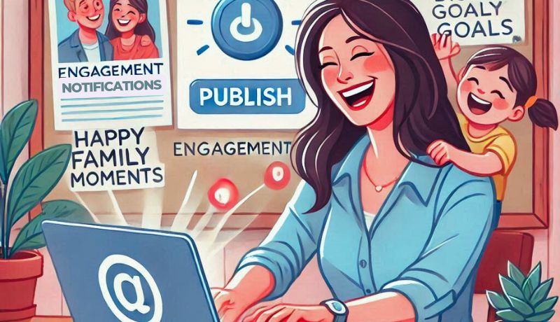 A cheerful mother working on a laptop, with a happy child on her back. The background features elements symbolizing engagement notifications, goals, and family moments.