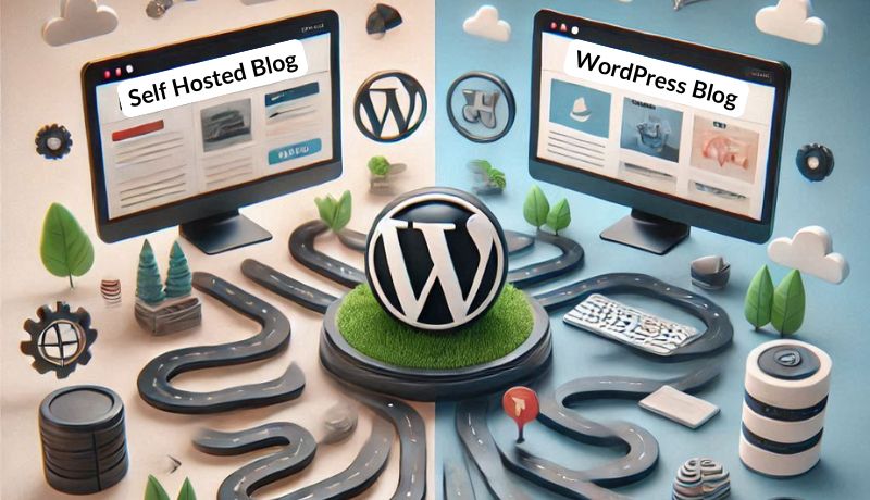 The image is a digital illustration comparing two types of blogs a Self-Hosted Blog and a WordPress Blog