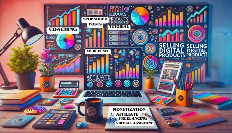 A vibrant and colorful workspace scene filled with various elements related to digital marketing and monetization strategies.