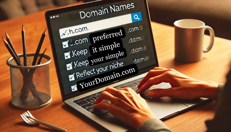 The image shows a person using a laptop to search for domain names.