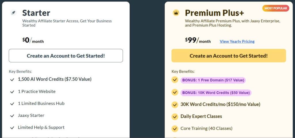 Two membership options for Wealthy Affiliate: Starter (free) and Premium Plus+ ($99/month). The Starter plan includes basic features, while Premium Plus+ offers advanced features