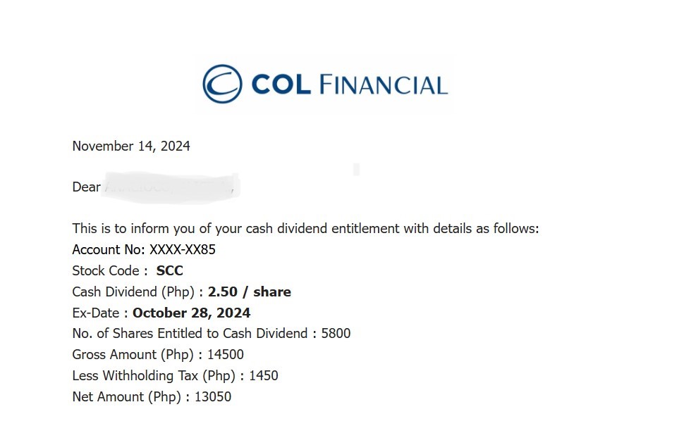 A Screenshot of an email from COL Financial informing about cash dividend entitlement from SCC.