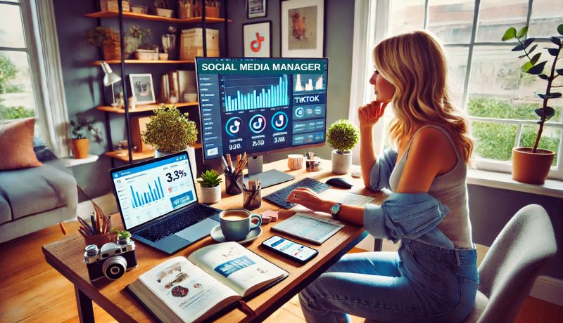 A busy mom working from home as a social media manager and content creator. She manages social media accounts on a laptop and large screen while a smartphone displays a video. 