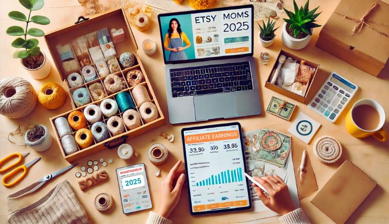 A creative and organized workspace for a mompreneur managing an Etsy business and affiliate marketing. The desk is filled with crafting supplies like spools of thread, scissors, buttons, and packaging materials. A laptop displays 'Etsy Moms 2025,' while a tablet shows affiliate earnings with a growing income chart. A smartphone features 'Mompreneur 2025,' emphasizing online entrepreneurship. 