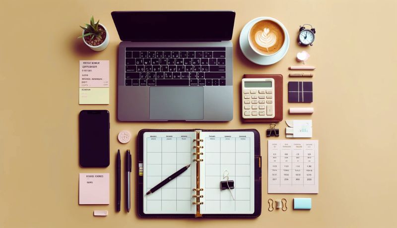A flat lay of a freelancer’s desk featuring a laptop, planner, smartphone, coffee cup, and productivity tools like sticky notes and pens, representing essential work-from-home gear.