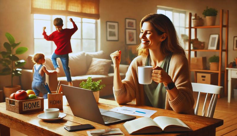 A joyful work-from-home mom enjoying a cup of coffee at her wooden desk, celebrating a small victory while working on her laptop. Her cozy home office includes books, documents, and a basket of fresh fruit with 'Home' signs. In the background, her two young children play together, highlighting the balance between remote work and parenting in a warm, sunlit living space.