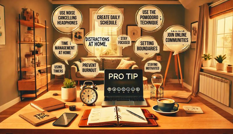 A modern home office setup with a laptop, planner, and a cup of coffee on a wooden desk. Floating text bubbles display common work-from-home challenges and a pro tip highlight. The background features a cozy, well-organized home environment, emphasizing productivity and focus.