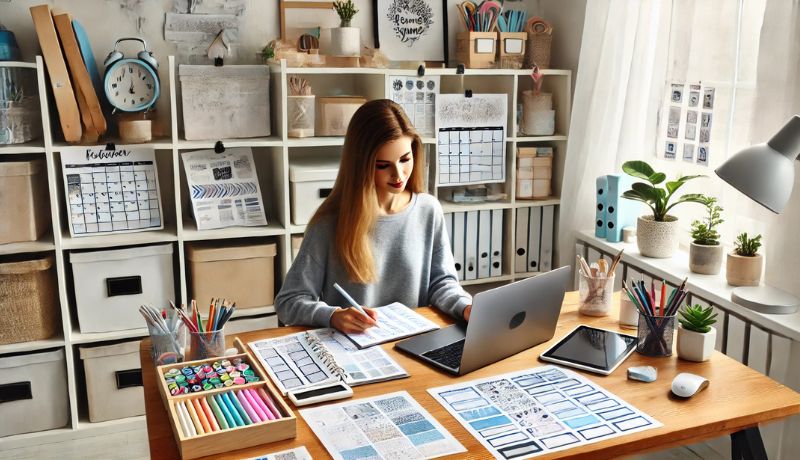 A mother working on a laptop in a bright and organized home office, designing printables for her Etsy shop. Planner templates and a tablet are on the desk, symbolizing creativity and passive income success.