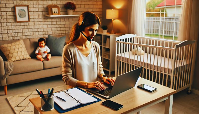A mother working remotely as a virtual assistant in a cozy home office, wearing a headset and typing on a laptop. A baby crib is visible in the background, symbolizing work-life balance and success in remote work.
