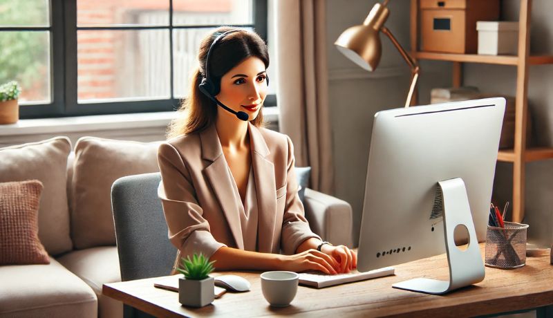 A professional woman working from home as a customer service representative or virtual assistant. She is wearing a headset and a beige blazer, typing on a desktop computer in a stylish and organized home office.