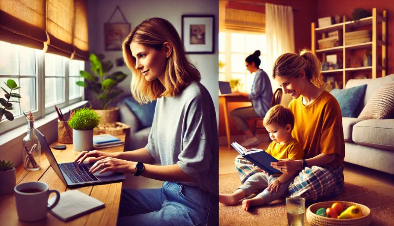 A split-screen image showcasing two aspects of a work-from-home mom’s life. On the left, a focused woman works on her laptop at a bright home office desk near a window, surrounded by plants, coffee, and office supplies. On the right, another mother in a cozy living room setting reads a book to her young child while another woman in the background works on her laptop, balancing remote work and parenting.