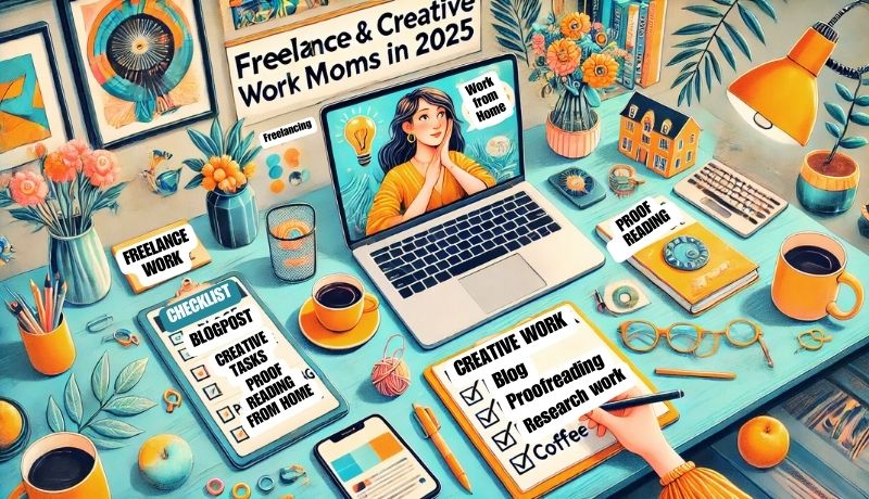 A vibrant and artistic digital illustration of a home workspace for freelance and creative work-from-home moms in 2025. The desk is filled with colorful stationery, a laptop displaying an illustration of a woman with the text ‘Work from Home,’ a coffee cup, glasses, and a checklist of tasks like blogging, proofreading, and research work. Sticky notes and labels highlight different freelancing opportunities, creating an inspiring and motivational work environment."