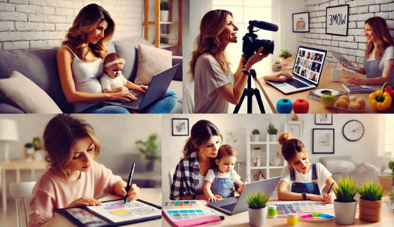 Collage of successful freelancing moms working on their laptops, showcasing different freelancing careers.