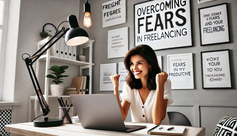 A confident woman sitting at a desk with a laptop, looking determined and excited, symbolizing overcoming fears in freelancing. 