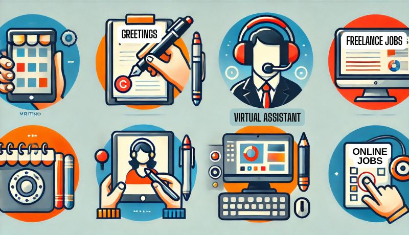 Icons representing freelance jobs like writing, virtual assistance, and design, illustrating diverse work options.