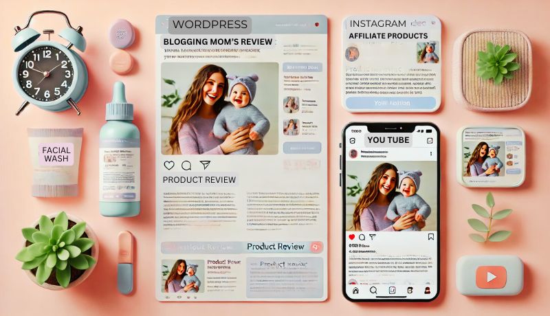 The image showcases a cohesive theme of product reviews and social media presence, highlighting how a mom might use various platforms to promote them by sharing reviews of these products.
