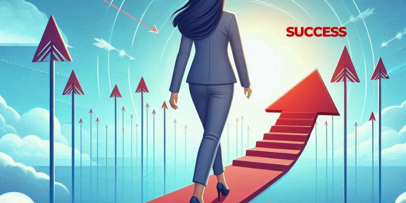 A woman in a business suit walking up a red staircase that transforms into an arrow pointing upwards towards the word "SUCCESS" written in red.