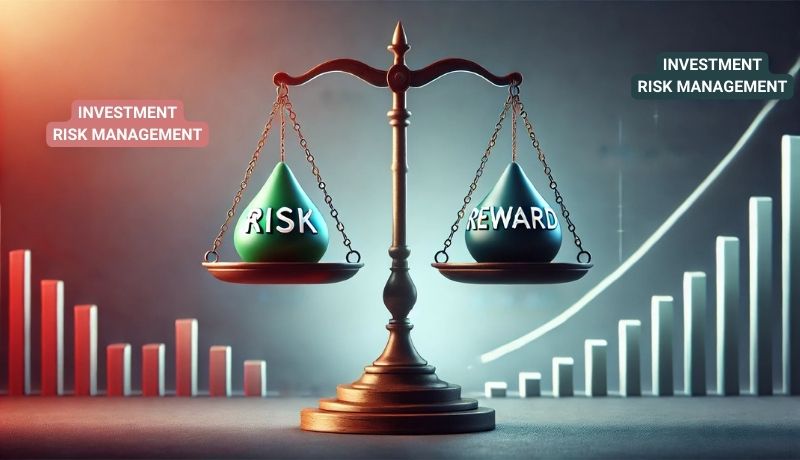 A balancing scale with Risk on one side and Reward on the other, representing the importance of managing investment risks.