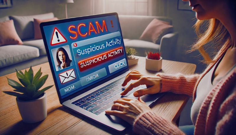 Close-up of a scam email with red warning signs on a laptop screen.