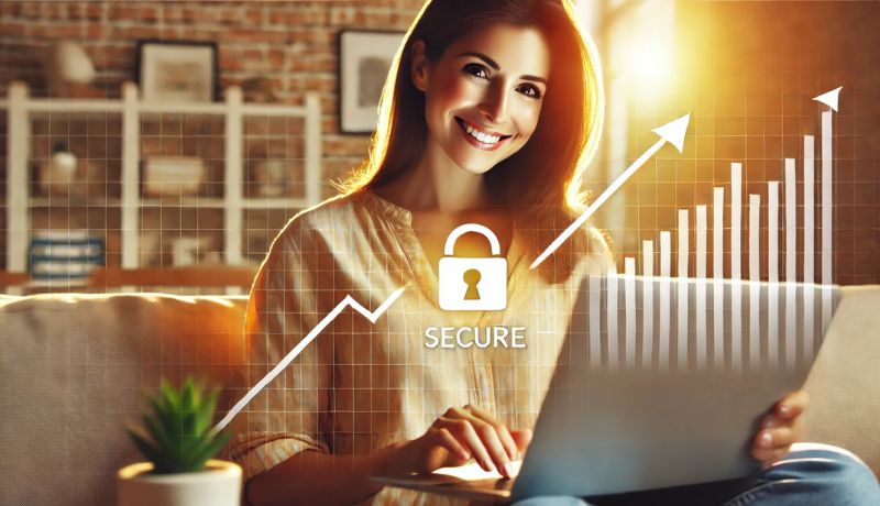 Smiling mom working on her laptop with a secure lock icon and growth symbol on the screen.