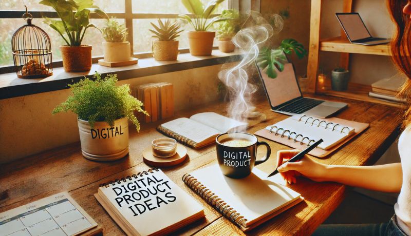 A cozy home workspace with a wooden desk, printed planners, a notepad labeled “Digital Product Ideas,” and a steaming cup of coffee. 
