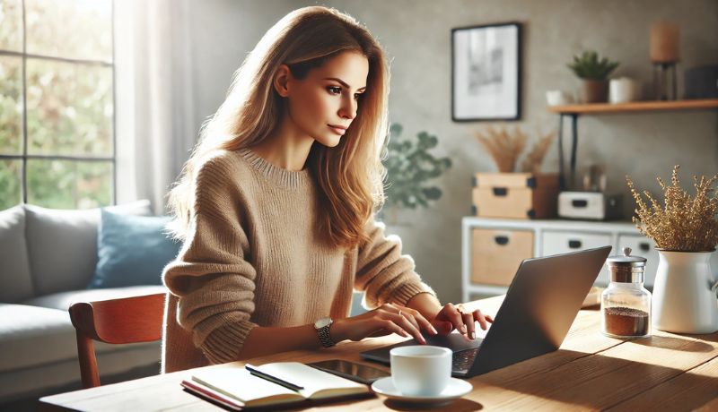 A mom exploring online business options while working in a home office.