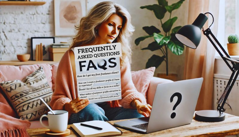Mom freelancer reading and preparing answers to FAQs in a cozy home office.