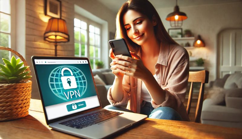 Mom using her smartphone with a VPN symbol on the screen.