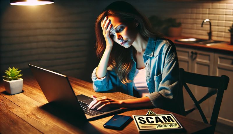 Stressed mom holding her head and phone while looking at a scam warning on her laptop.