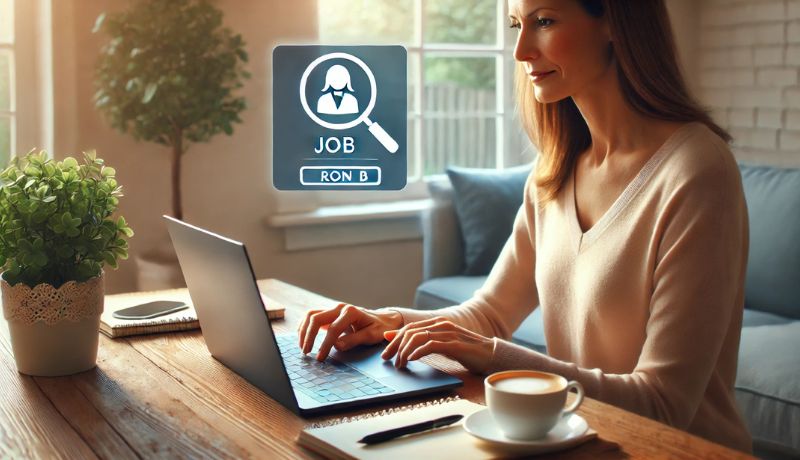 Mom carefully examining a job offer on her laptop with a magnifying glass overlay.