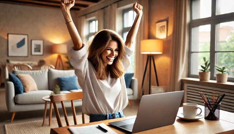 Excited mom celebrating success while checking her laptop, representing financial independence.