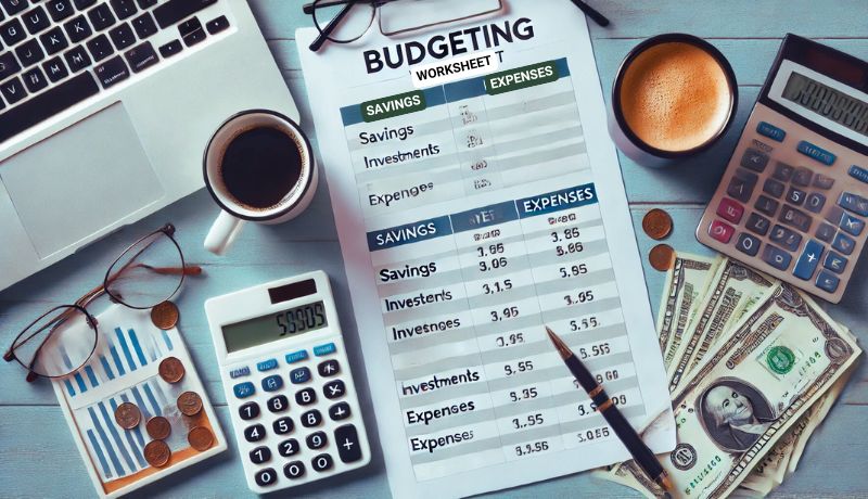 A budgeting worksheet with categories like savings, expenses, and investments, placed on a desk with a calculator and a cup of coffee.