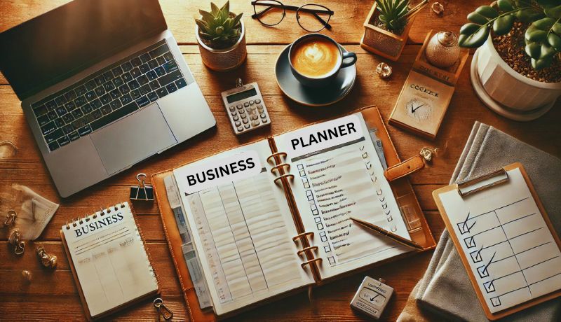 Flat lay of a laptop, planner, and coffee, representing an online business planning session.
